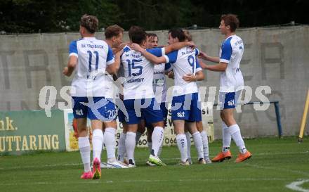 Fussball Kaerntner Liga. Treibach gegen Voelkermarkt.  Torjubel  (Treibach). Treibach, am 18.8.2023.
Foto: Kuess
---
pressefotos, pressefotografie, kuess, qs, qspictures, sport, bild, bilder, bilddatenbank