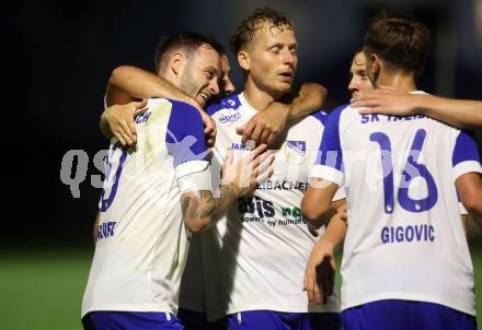 Fussball Kaerntner Liga. Treibach gegen Voelkermarkt.   Torjubel Kevin Vaschauner  (Treibach). Treibach, am 18.8.2023.
Foto: Kuess
---
pressefotos, pressefotografie, kuess, qs, qspictures, sport, bild, bilder, bilddatenbank