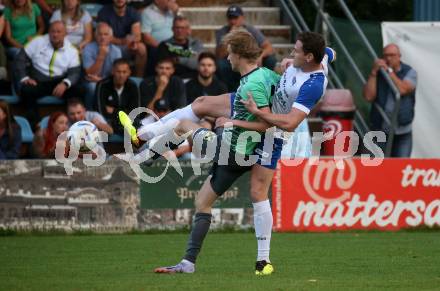 Fussball Kaerntner Liga. Treibach gegen Voelkermarkt.  Hanno Ulrich Wachernig  (Treibach),     Mario Michael Kuester (Voelkermarkt). Treibach, am 18.8.2023.
Foto: Kuess
---
pressefotos, pressefotografie, kuess, qs, qspictures, sport, bild, bilder, bilddatenbank