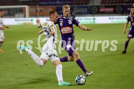 Fussball Bundesliga. SK Austria Klagenfurt gegen Cashpoint SCR Altach.   Christopher Cvetko,  (Klagenfurt),  Lukas Jaeger  (Altach).  Klagenfurt, am 19.8.2023.
Foto: Kuess
---
pressefotos, pressefotografie, kuess, qs, qspictures, sport, bild, bilder, bilddatenbank