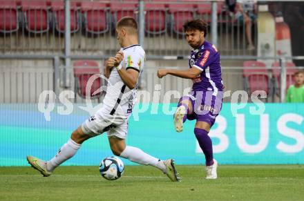 Fussball Bundesliga. SK Austria Klagenfurt gegen Cashpoint SCR Altach.   Simon Straudi,  (Klagenfurt), Leonardo Lukacevic   (Altach).  Klagenfurt, am 19.8.2023.
Foto: Kuess
---
pressefotos, pressefotografie, kuess, qs, qspictures, sport, bild, bilder, bilddatenbank