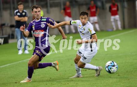 Fussball Bundesliga. SK Austria Klagenfurt gegen Cashpoint SCR Altach.  Andrew Irving, (Klagenfurt),    Jan Jurcec  (Altach).  Klagenfurt, am 19.8.2023.
Foto: Kuess
---
pressefotos, pressefotografie, kuess, qs, qspictures, sport, bild, bilder, bilddatenbank