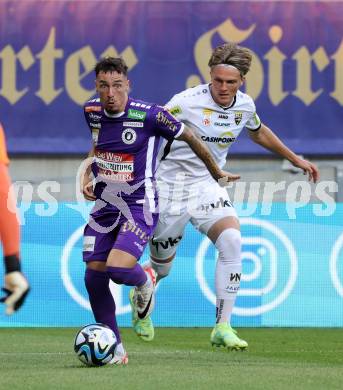 Fussball Bundesliga. SK Austria Klagenfurt gegen Cashpoint SCR Altach.   Sinan Karweina, (Klagenfurt),  Paul-Friedrich Koller   (Altach).  Klagenfurt, am 19.8.2023.
Foto: Kuess
---
pressefotos, pressefotografie, kuess, qs, qspictures, sport, bild, bilder, bilddatenbank