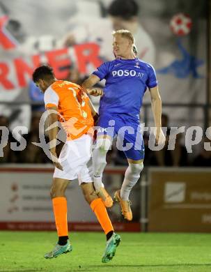Fussball Kaerntner Liga. SAK gegen Donau.  Toni Dullnig   (SAK),   Androw Ibrahim (Donau). Klagenfurt, am 15.9.2023.
Foto: Kuess
---
pressefotos, pressefotografie, kuess, qs, qspictures, sport, bild, bilder, bilddatenbank