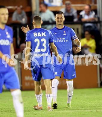 Fussball Kaerntner Liga. SAK gegen Donau.   Torjubel Kristjan Sredojevic, Zoran Vukovic   (SAK).  Klagenfurt, am 15.9.2023.
Foto: Kuess
---
pressefotos, pressefotografie, kuess, qs, qspictures, sport, bild, bilder, bilddatenbank