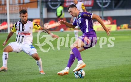 Fussball Bundesliga. SK Austria Klagenfurt gegen LASK.   Andrew Irving, (Klagenfurt),   Sascha Horvath   (LASK).  Klagenfurt, am 16.9.2023.
Foto: Kuess
---
pressefotos, pressefotografie, kuess, qs, qspictures, sport, bild, bilder, bilddatenbank