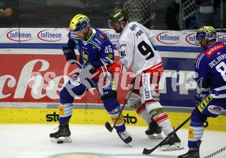EBEL. Eishockey Bundesliga. EC VSV gegen HCB Suedtirol Alperia.  Alex Wall, (VSV),  Daniel Frank     (Bozen). Villach, am 19.9.2023
Foto: Kuess
www.qspictures.net
---
pressefotos, pressefotografie, kuess, qs, qspictures, sport, bild, bilder, bilddatenbank