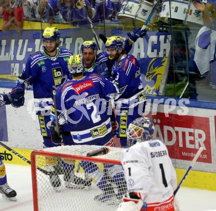 EBEL. Eishockey Bundesliga. EC VSV gegen HCB Suedtirol Alperia.   Torjubel Maximilian Rebernig, Anthony Luciani, Alexander Rauchenwald,, Dylan Macpherson  (VSV). Villach, am 19.9.2023
Foto: Kuess
www.qspictures.net
---
pressefotos, pressefotografie, kuess, qs, qspictures, sport, bild, bilder, bilddatenbank