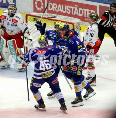 EBEL. Eishockey Bundesliga. EC VSV gegen HCB Suedtirol Alperia.   Torjubel Maximilian Rebernig, Alexander Rauchenwald, Alex Wall  (VSV). Villach, am 19.9.2023
Foto: Kuess
www.qspictures.net
---
pressefotos, pressefotografie, kuess, qs, qspictures, sport, bild, bilder, bilddatenbank