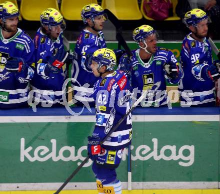 EBEL. Eishockey Bundesliga. EC VSV gegen HCB Suedtirol Alperia.  Torjubel Benjamin Lanzinger   (VSV). Villach, am 19.9.2023
Foto: Kuess
www.qspictures.net
---
pressefotos, pressefotografie, kuess, qs, qspictures, sport, bild, bilder, bilddatenbank