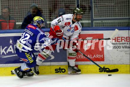 EBEL. Eishockey Bundesliga. EC VSV gegen HCB Suedtirol Alperia.  Benjamin Lanzinger,    (VSV),   Michael Halmo (Bozen). Villach, am 19.9.2023
Foto: Kuess
www.qspictures.net
---
pressefotos, pressefotografie, kuess, qs, qspictures, sport, bild, bilder, bilddatenbank