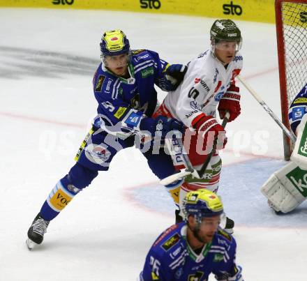 EBEL. Eishockey Bundesliga. EC VSV gegen HCB Suedtirol Alperia.  Niklas Wetzl,   (VSV),    Dustin Gazley  (Bozen). Villach, am 19.9.2023
Foto: Kuess
www.qspictures.net
---
pressefotos, pressefotografie, kuess, qs, qspictures, sport, bild, bilder, bilddatenbank