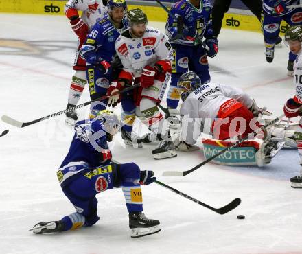 EBEL. Eishockey Bundesliga. EC VSV gegen HCB Suedtirol Alperia.  Maximilian Rebernig, Alex Wall,  (VSV),  Niklas Svedberg, Dylan Di Perna    (Bozen). Villach, am 19.9.2023
Foto: Kuess
www.qspictures.net
---
pressefotos, pressefotografie, kuess, qs, qspictures, sport, bild, bilder, bilddatenbank