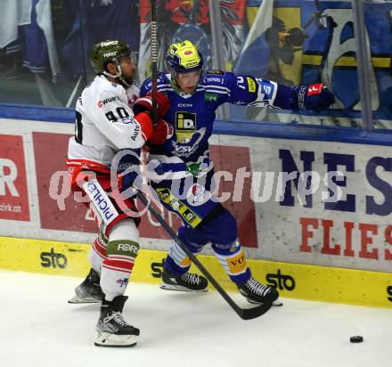 EBEL. Eishockey Bundesliga. EC VSV gegen HCB Suedtirol Alperia.   Felix Maxa,   (VSV),    Dylan Di Perna (Bozen). Villach, am 19.9.2023
Foto: Kuess
www.qspictures.net
---
pressefotos, pressefotografie, kuess, qs, qspictures, sport, bild, bilder, bilddatenbank