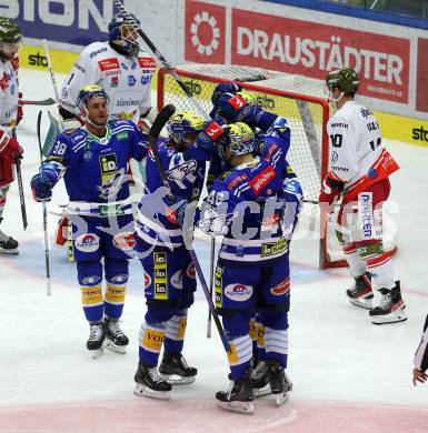 EBEL. Eishockey Bundesliga. EC VSV gegen HCB Suedtirol Alperia.   Torjubel Maximilian Rebernig, Alexander Rauchenwald, Alex Wall, Anthony Luciani  (VSV). Villach, am 19.9.2023
Foto: Kuess
www.qspictures.net
---
pressefotos, pressefotografie, kuess, qs, qspictures, sport, bild, bilder, bilddatenbank