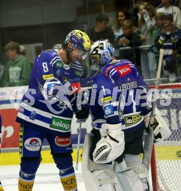 EBEL. Eishockey Bundesliga. EC VSV gegen HCB Suedtirol Alperia.   Maximilian Rebernig, Jean Philippe Lamoureux  (VSV). Villach, am 19.9.2023
Foto: Kuess
www.qspictures.net
---
pressefotos, pressefotografie, kuess, qs, qspictures, sport, bild, bilder, bilddatenbank