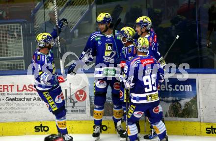 EBEL. Eishockey Bundesliga. EC VSV gegen HCB Suedtirol Alperia.   Torjubel Maximilian Rebernig, Anthony Luciani, Alexander Rauchenwald, Mark Katic  (VSV). Villach, am 19.9.2023
Foto: Kuess
www.qspictures.net
---
pressefotos, pressefotografie, kuess, qs, qspictures, sport, bild, bilder, bilddatenbank