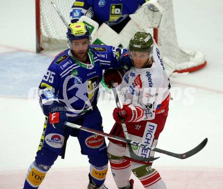 EBEL. Eishockey Bundesliga. EC VSV gegen HCB Suedtirol Alperia.  Mark Katic,    (VSV),    Leonardo Felicetti (Bozen). Villach, am 19.9.2023
Foto: Kuess
www.qspictures.net
---
pressefotos, pressefotografie, kuess, qs, qspictures, sport, bild, bilder, bilddatenbank