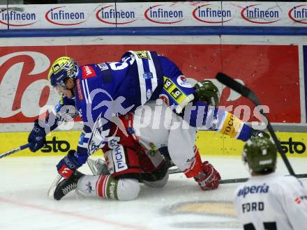 EBEL. Eishockey Bundesliga. EC VSV gegen HCB Suedtirol Alperia.   Niklas Wetzl, (VSV),    Lucas Lessio   (Bozen). Villach, am 19.9.2023
Foto: Kuess
www.qspictures.net
---
pressefotos, pressefotografie, kuess, qs, qspictures, sport, bild, bilder, bilddatenbank
