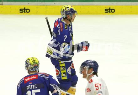 EBEL. Eishockey Bundesliga. EC VSV gegen HC Innsbruck Die Haie.   Torjubel Dylan Macpherson  (VSV). Villach, am 22.9.2023
Foto: Kuess
www.qspictures.net
---
pressefotos, pressefotografie, kuess, qs, qspictures, sport, bild, bilder, bilddatenbank