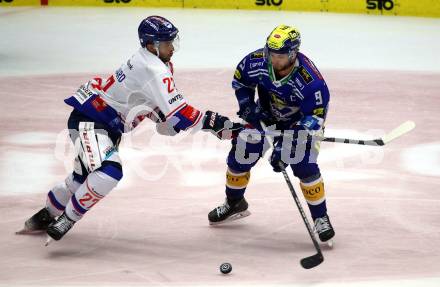 EBEL. Eishockey Bundesliga. EC VSV gegen HC Innsbruck Die Haie.   Alexander Rauchenwald,  (VSV),  Anders Krogsgaard  (Innsbruck). Villach, am 22.9.2023
Foto: Kuess
www.qspictures.net
---
pressefotos, pressefotografie, kuess, qs, qspictures, sport, bild, bilder, bilddatenbank