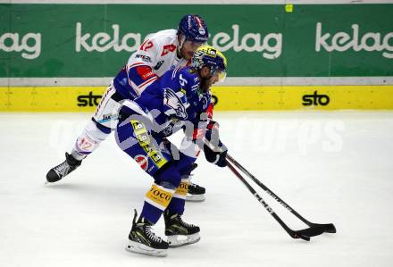 EBEL. Eishockey Bundesliga. EC VSV gegen HC Innsbruck Die Haie.   Mark Katic,   (VSV),   Braeden Shaw (Innsbruck). Villach, am 22.9.2023
Foto: Kuess
www.qspictures.net
---
pressefotos, pressefotografie, kuess, qs, qspictures, sport, bild, bilder, bilddatenbank