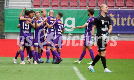 Fussball Bundesliga. SK Austria Klagenfurt gegen SC Austria Lustenau.  Torjubel Jonas Arweiler, Simon Straudi, Rico Benatelli, Sinan Karweina, Christopher CVetko, Andrew Irving  (Klagenfurt).  Klagenfurt, am 23.9.2023.
Foto: Kuess
---
pressefotos, pressefotografie, kuess, qs, qspictures, sport, bild, bilder, bilddatenbank