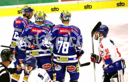 EBEL. Eishockey Bundesliga. EC VSV gegen HC Innsbruck Die Haie.  Torjubel Dylan Macpherson, Elias Jeronimo Wallenta, Felix Maxa   (VSV). Villach, am 22.9.2023
Foto: Kuess
www.qspictures.net
---
pressefotos, pressefotografie, kuess, qs, qspictures, sport, bild, bilder, bilddatenbank