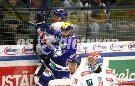 EBEL. Eishockey Bundesliga. EC VSV gegen HC Innsbruck Die Haie.   Robert Sabolic  (VSV),  Anders Krogsgaard  (Innsbruck). Villach, am 22.9.2023
Foto: Kuess
www.qspictures.net
---
pressefotos, pressefotografie, kuess, qs, qspictures, sport, bild, bilder, bilddatenbank