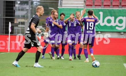 Fussball Bundesliga. SK Austria Klagenfurt gegen SC Austria Lustenau.   Torjubel Jonas Arweiler, Simon Straudi, Rico Benatelli, Sinan Karweina, Christopher CVetko, Andrew Irving (Klagenfurt).  Klagenfurt, am 23.9.2023.
Foto: Kuess
---
pressefotos, pressefotografie, kuess, qs, qspictures, sport, bild, bilder, bilddatenbank