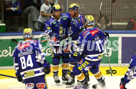EBEL. Eishockey Bundesliga. EC VSV gegen HC Innsbruck Die Haie.  Torjubel  Andrew Desjardins, John Hughes, Robert Sabolic, Arturs Kulda   (VSV). Villach, am 22.9.2023
Foto: Kuess
www.qspictures.net
---
pressefotos, pressefotografie, kuess, qs, qspictures, sport, bild, bilder, bilddatenbank