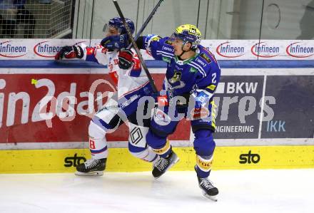EBEL. Eishockey Bundesliga. EC VSV gegen HC Innsbruck Die Haie.   Dylan Macpherson (VSV), Dario Winkler    (Innsbruck). Villach, am 22.9.2023
Foto: Kuess
www.qspictures.net
---
pressefotos, pressefotografie, kuess, qs, qspictures, sport, bild, bilder, bilddatenbank