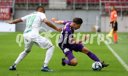 Fussball Bundesliga. SK Austria Klagenfurt gegen SC Austria Lustenau.  Till Schumacher,  (Klagenfurt),   Dos Santos Gomes Anderson  (Lustenau).  Klagenfurt, am 23.9.2023.
Foto: Kuess
---
pressefotos, pressefotografie, kuess, qs, qspictures, sport, bild, bilder, bilddatenbank