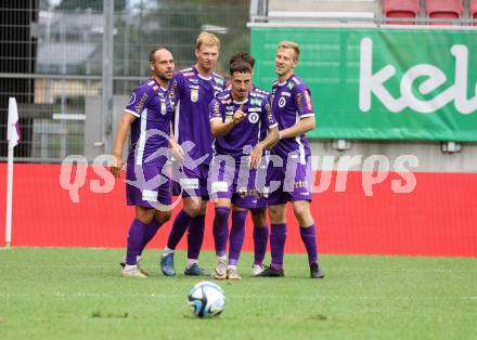 Fussball Bundesliga. SK Austria Klagenfurt gegen SC Austria Lustenau.   Torjubel Jonas Arweiler, Simon Straudi, Rico Benatelli, Sinan Karweina, Christopher CVetko (Klagenfurt).  Klagenfurt, am 23.9.2023.
Foto: Kuess
---
pressefotos, pressefotografie, kuess, qs, qspictures, sport, bild, bilder, bilddatenbank