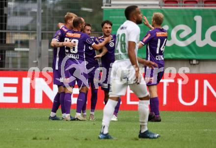 Fussball Bundesliga. SK Austria Klagenfurt gegen SC Austria Lustenau.   Torjubel Jonas Arweiler, Simon Straudi, Rico Benatelli, Sinan Karweina, Christopher CVetko (Klagenfurt).  Klagenfurt, am 23.9.2023.
Foto: Kuess
---
pressefotos, pressefotografie, kuess, qs, qspictures, sport, bild, bilder, bilddatenbank