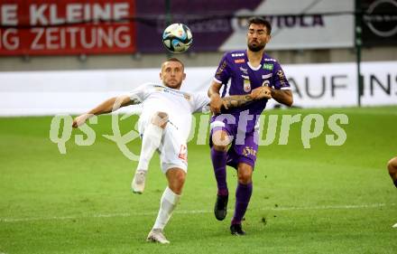 Fussball Bundesliga. SK Austria Klagenfurt gegen SC Austria Lustenau.  Kosmas Gkezos,   (Klagenfurt),   Anthony Schmid (Lustenau).  Klagenfurt, am 23.9.2023.
Foto: Kuess
---
pressefotos, pressefotografie, kuess, qs, qspictures, sport, bild, bilder, bilddatenbank