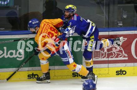 EBEL. Eishockey Bundesliga. EC VSV gegen Asiago Hockey.   Alexander Rauchenwald,  (VSV),    Luke Moncada (Asiago). Villach, am 26.9.2023
Foto: Kuess
www.qspictures.net
---
pressefotos, pressefotografie, kuess, qs, qspictures, sport, bild, bilder, bilddatenbank