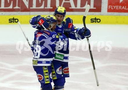 EBEL. Eishockey Bundesliga. EC VSV gegen Asiago Hockey.    Jubel Anthony Luciani, Philipp Lindner (VSV).  Villach, am 26.9.2023
Foto: Kuess
www.qspictures.net
---
pressefotos, pressefotografie, kuess, qs, qspictures, sport, bild, bilder, bilddatenbank