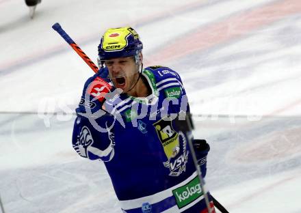 EBEL. Eishockey Bundesliga. EC VSV gegen Asiago Hockey.   Torjubel John Hughes  (VSV).  Villach, am 26.9.2023
Foto: Kuess
www.qspictures.net
---
pressefotos, pressefotografie, kuess, qs, qspictures, sport, bild, bilder, bilddatenbank