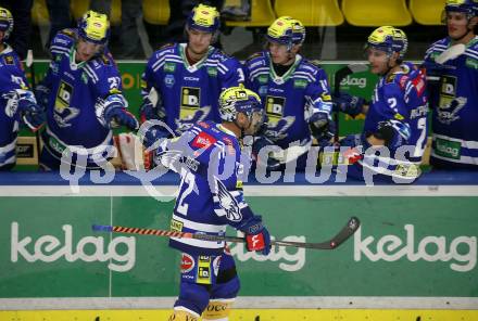 EBEL. Eishockey Bundesliga. EC VSV gegen Asiago Hockey.   Torjubel John Hughes  (VSV).  Villach, am 26.9.2023
Foto: Kuess
www.qspictures.net
---
pressefotos, pressefotografie, kuess, qs, qspictures, sport, bild, bilder, bilddatenbank
