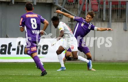Fussball Bundesliga. SK Austria Klagenfurt gegen FC Red Bull Salzburg.  Thorsten Mahrer,  (Klagenfurt),  Karim Konate   (Salzburg).  Klagenfurt, am 8.10.2023.
Foto: Kuess
---
pressefotos, pressefotografie, kuess, qs, qspictures, sport, bild, bilder, bilddatenbank