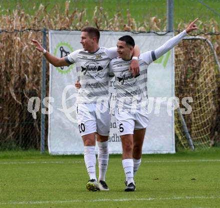 Fussball. Kaerntner Liga. Koettmannsdorf gegen Donau.   Torjubel Luka Djukic, Matteo Juvan (Koettmanndorf), Koettmannsdorf, 29.10.2023.
Foto: Kuess
www.qspictures.net
---
pressefotos, pressefotografie, kuess, qs, qspictures, sport, bild, bilder, bilddatenbank
