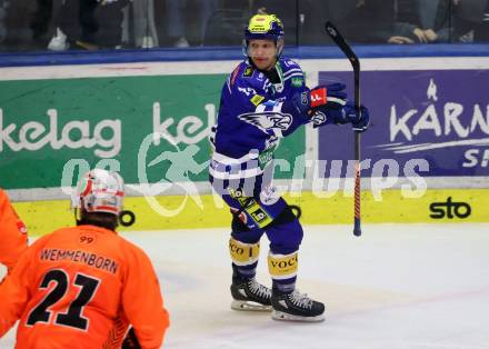 EBEL. Eishockey Bundesliga. EC VSV gegen Moser Medical Graz99ers.  Torjubel John Hughes (VSV). Villach, am 3.11.2023
Foto: Kuess
www.qspictures.net
---
pressefotos, pressefotografie, kuess, qs, qspictures, sport, bild, bilder, bilddatenbank