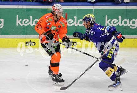 EBEL. Eishockey Bundesliga. EC VSV gegen Moser Medical Graz99ers. Dylan MacPherson,   (VSV),  Anthony Salinitri (Graz). Villach, am 3.11.2023
Foto: Kuess
www.qspictures.net
---
pressefotos, pressefotografie, kuess, qs, qspictures, sport, bild, bilder, bilddatenbank