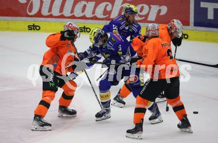 EBEL. Eishockey Bundesliga. EC VSV gegen Moser Medical Graz99ers.  Kevin Hancock,  (VSV),    Jacob Pfeffer, Taylor Matson (Graz). Villach, am 3.11.2023
Foto: Kuess
www.qspictures.net
---
pressefotos, pressefotografie, kuess, qs, qspictures, sport, bild, bilder, bilddatenbank