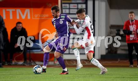 Fussball Bundesliga. WAC gegen SK Austria Klagenfurt.  Adis Jasic  (WAC),  Turgay Gemicibasi (Klagenfurt).  Wolfsberg, am 4.11.2023.
Foto: Kuess
www.qspictures.net
---
pressefotos, pressefotografie, kuess, qs, qspictures, sport, bild, bilder, bilddatenbank