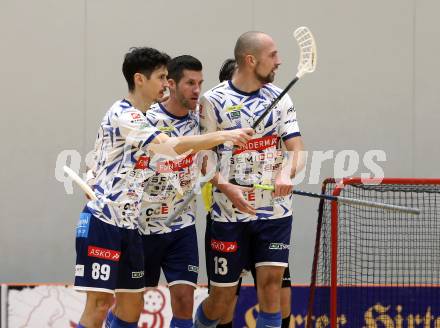 Floorball Bundesliga. KAC gegen VSV.   Torjubel Robert Rauter, Timo Schmid, Jan Slama  (VSV). Klagenfurt, 25.11.2023.
Foto: Kuess
www.qspictures.net
---
pressefotos, pressefotografie, kuess, qs, qspictures, sport, bild, bilder, bilddatenbank