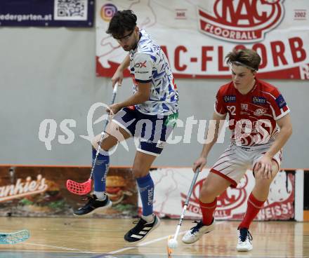 Floorball Bundesliga. KAC gegen VSV.   Maximilian Moertl (KAC),  Christoph Steiner  (VSV). Klagenfurt, 25.11.2023.
Foto: Kuess
www.qspictures.net
---
pressefotos, pressefotografie, kuess, qs, qspictures, sport, bild, bilder, bilddatenbank