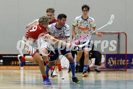 Floorball Bundesliga. KAC gegen VSV.  Sebastian Flaschberger  (KAC), Timo Schmid   (VSV). Klagenfurt, 25.11.2023.
Foto: Kuess
www.qspictures.net
---
pressefotos, pressefotografie, kuess, qs, qspictures, sport, bild, bilder, bilddatenbank