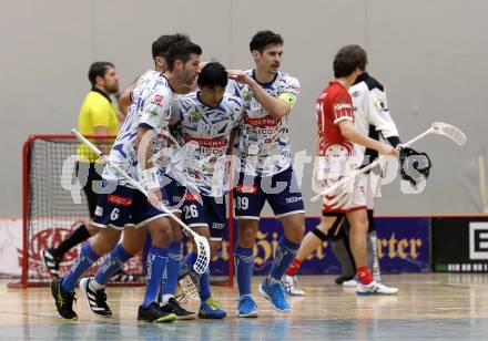 Floorball Bundesliga. KAC gegen VSV.  Torjubel Timo Schmid, Shin Kato, Robert Rauter  (VSV). Klagenfurt, 25.11.2023.
Foto: Kuess
www.qspictures.net
---
pressefotos, pressefotografie, kuess, qs, qspictures, sport, bild, bilder, bilddatenbank
